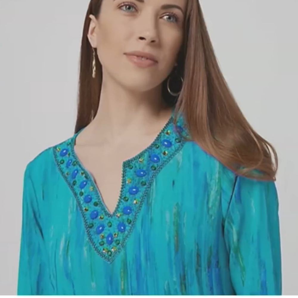 Belle by Kim Gravel Ombré Turquoise Embellished Tunic